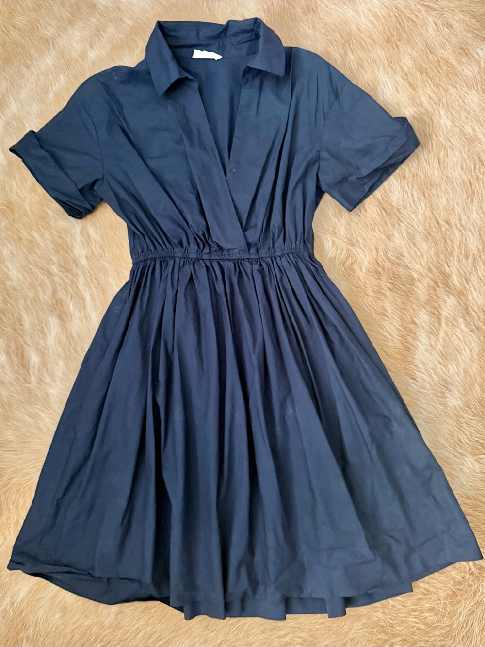 Notched Collar navy Mini Dress with Gathered Waist snap button at the vneck